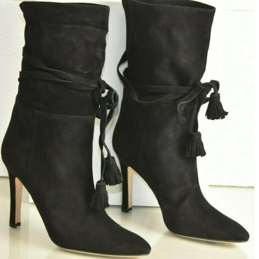 Manolo Blahnik Cavamod Black Suede Slouchy Heeled Ankle Boots - Size 36